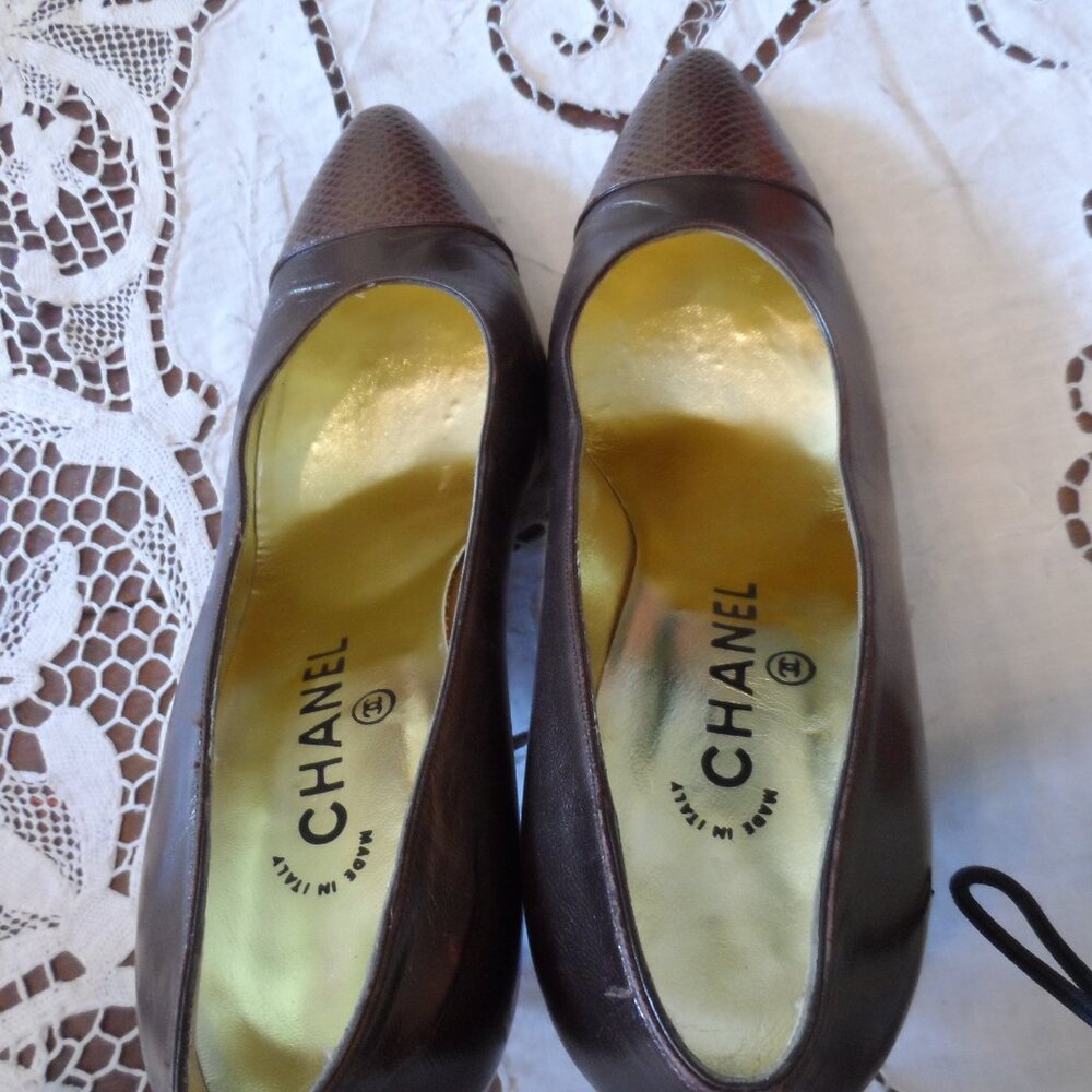Chanel Light Brown Calf Leather Pumps w/Lizzard Trim cap Toe Size 38.5 - Picture 7 of 16
